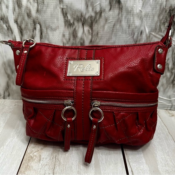Relic Handbags - Relic Cherry Red Y2K Faux Leather Hobo Quilted Pocket Silver Accent Shoulder Bag